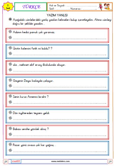 2. Sınıf Türkçe Yazım Yanlışları Etkinliği